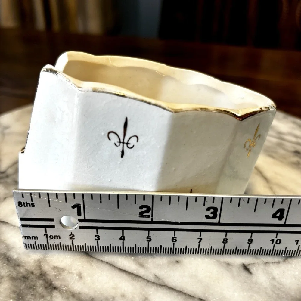 VTG 1950s 50s Ceramic White Gold Fleur de‎ Lis Lys Flatware Caddy Spoon Rest